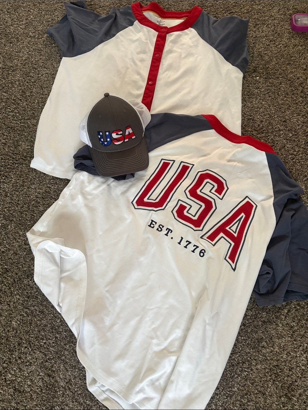 Little Bipsy USA Graphic Button-Down Shirt in White, Red & Gray and USA hat
